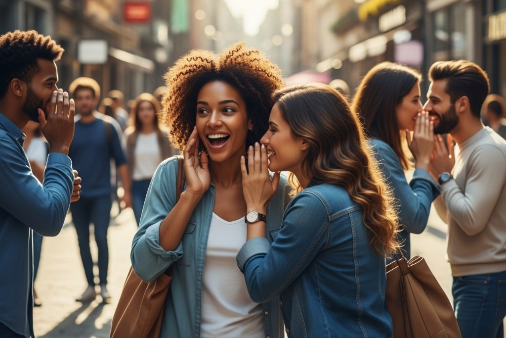 A woman sharing secret with her friend while as another pair echoes the same.