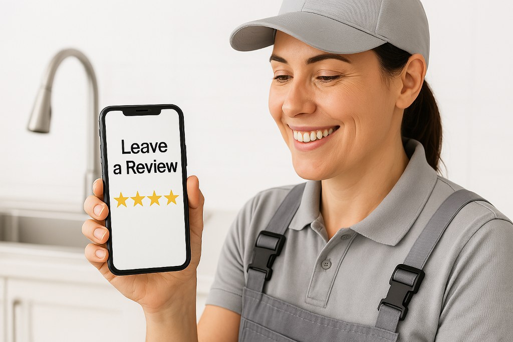 A woman showing the screen of a phone with the text 