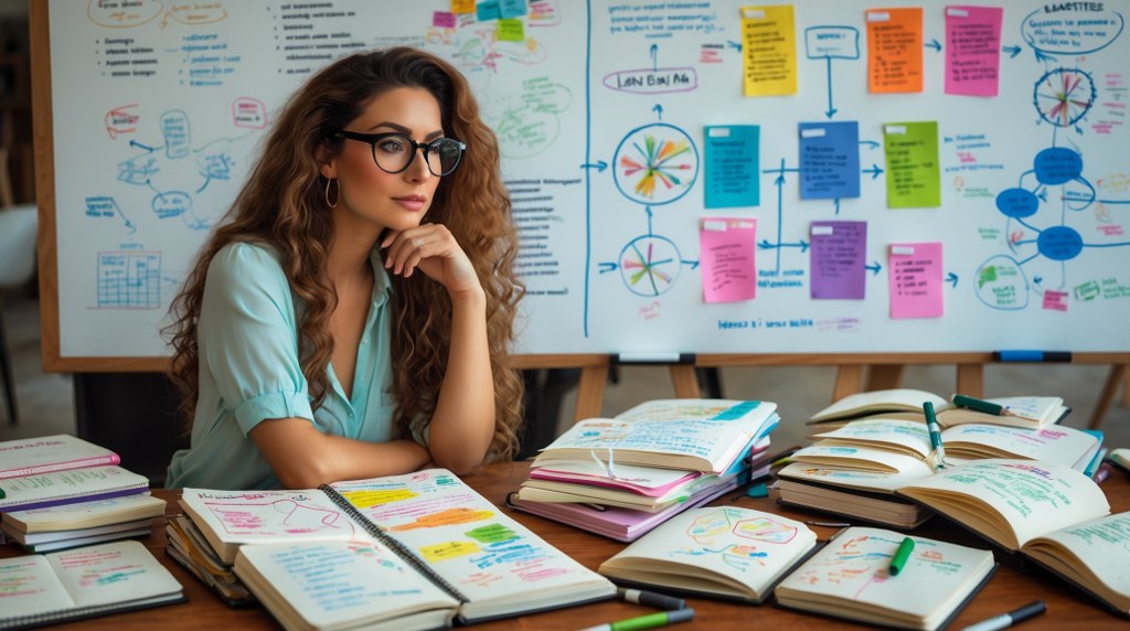 A woman sitting at a table, surrounded by open notebooks and business idea sketches.