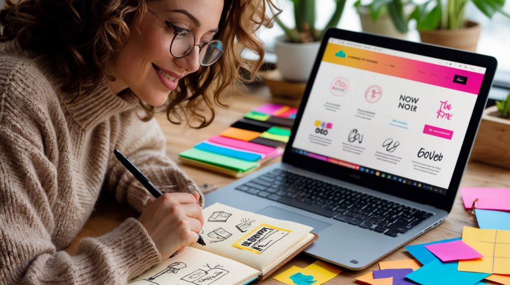A woman sketching logo ideas in a notebook.