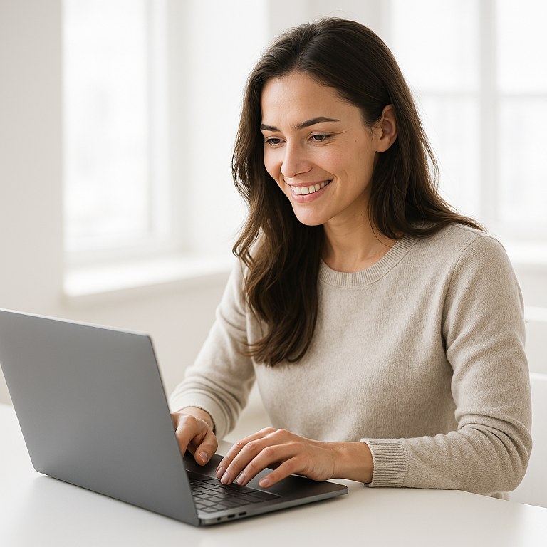 A woman smiling while using her laptop.