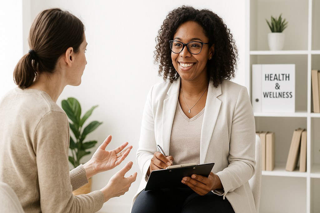 A woman talking to a health and wellness coach.