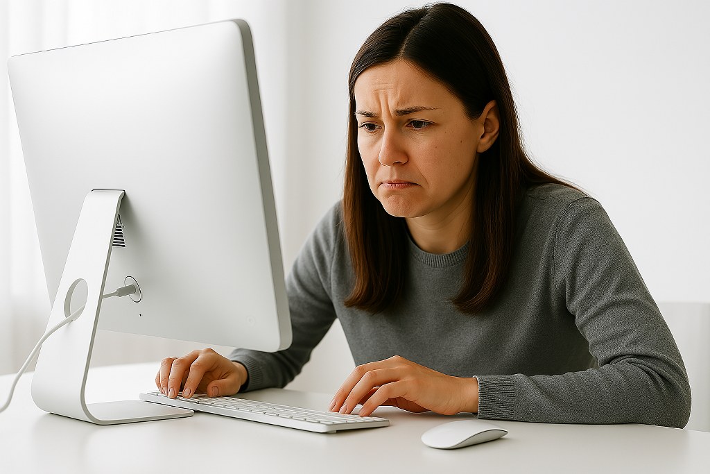 A woman unhappy about something on her computer.