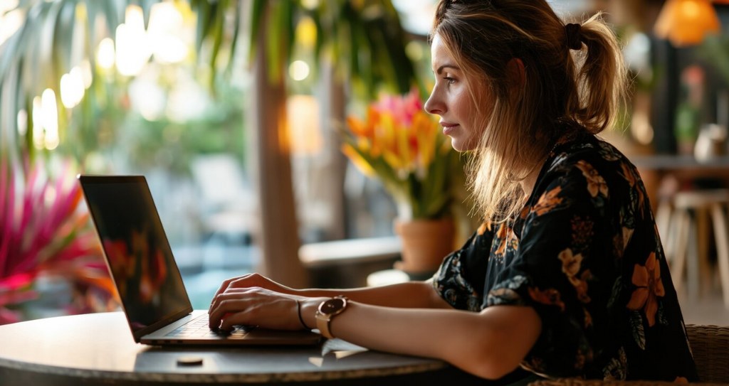 A woman using a laptop outdoors.