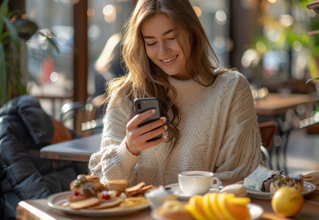 A woman using a phone while smiling.