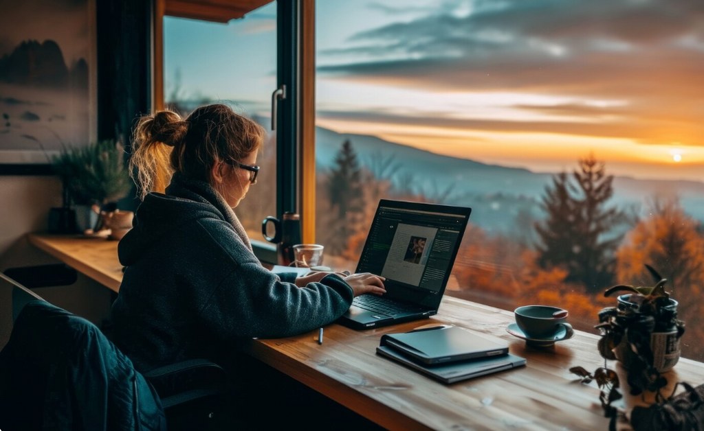 A woman working on a laptop.