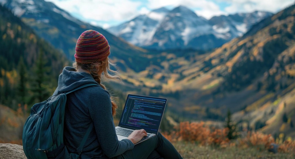 A woman writing code outdoors.