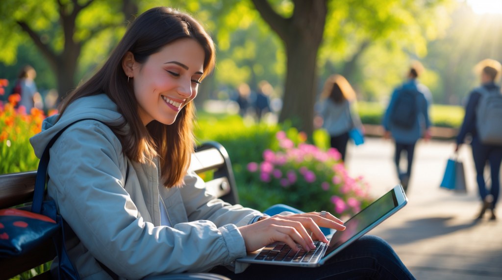 A young shopper sitting on a park bench, smiling while making a purchase on a laptop.