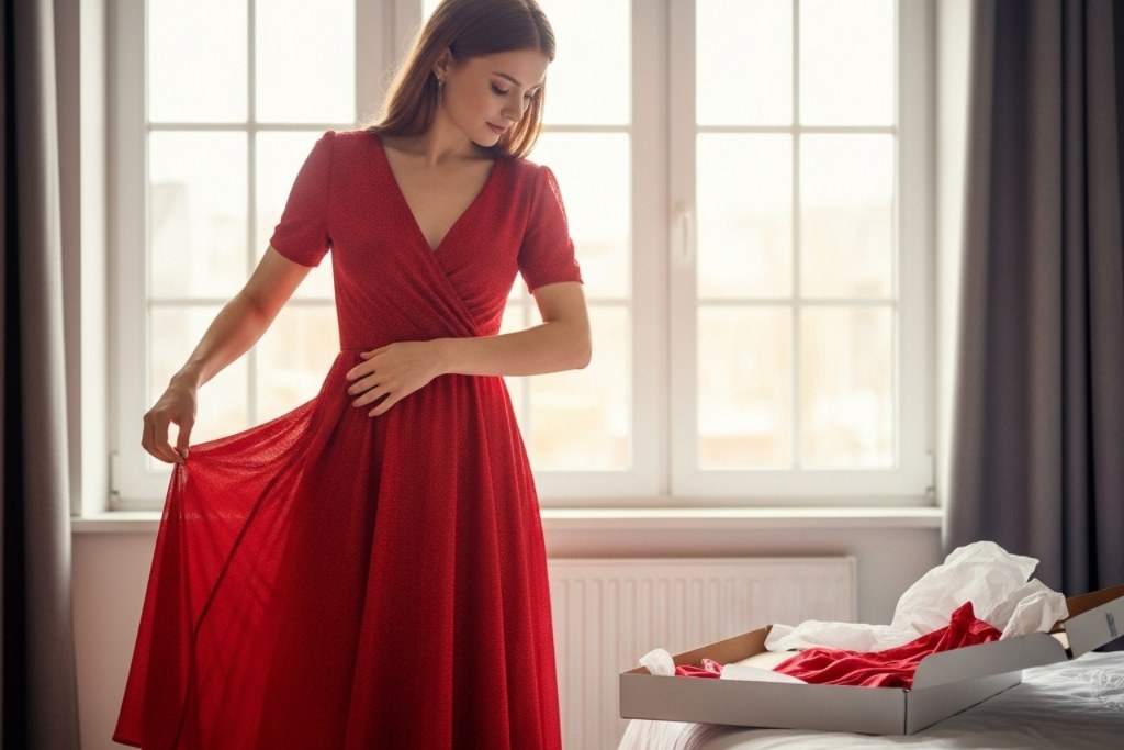 A young woman trying on a beautiful dress she bought online.