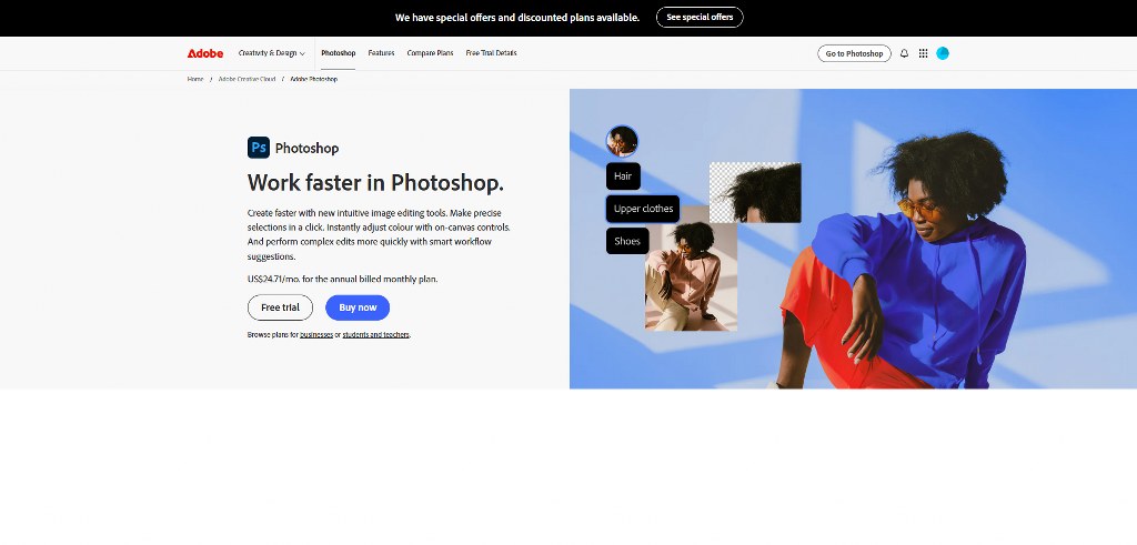 Adobe Photoshop's webpage.