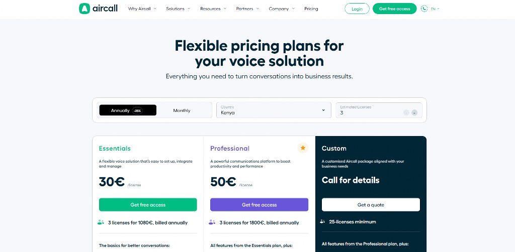 Aircall website pricing page.