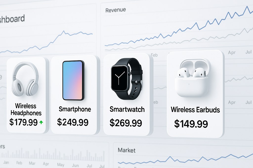 An e-commerce dashboard wth products and their prices.