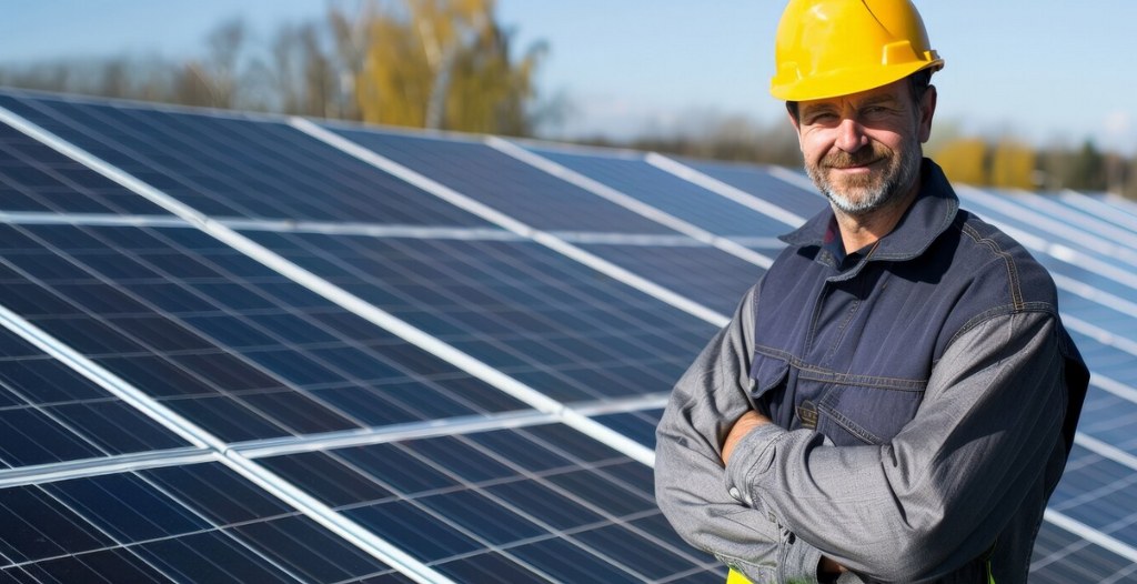 An engineer standing next to newly installed solar panels.