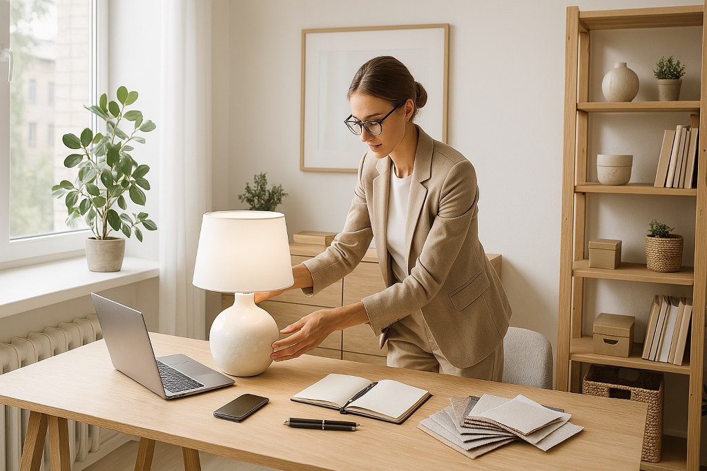 An interior designer arranging a home office.