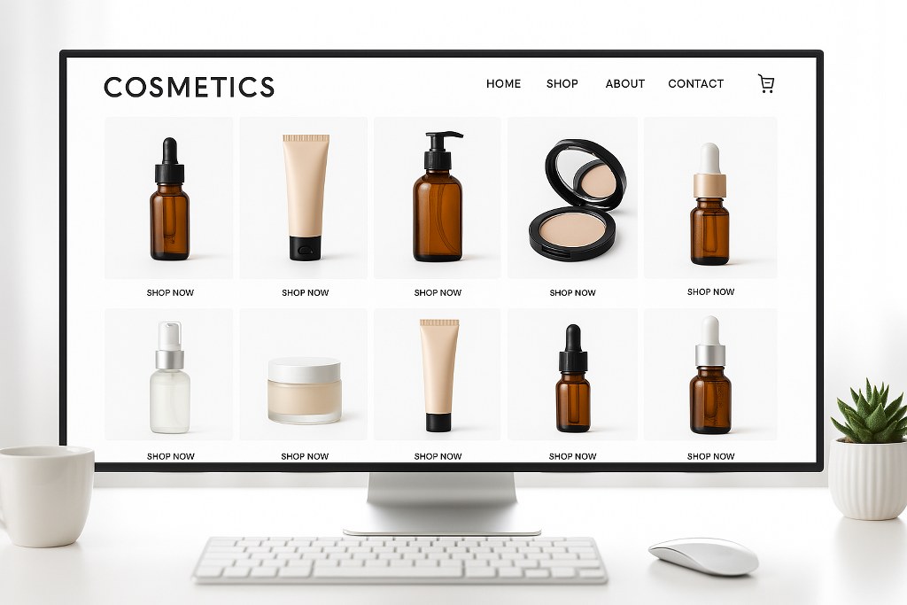 An online cosmetics store displayed on a computer monitor.