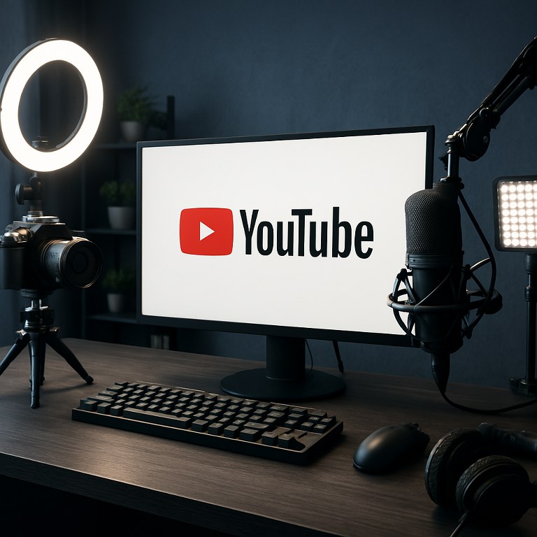 Cameras, microphone, and the YouTube logo on a computer screen.