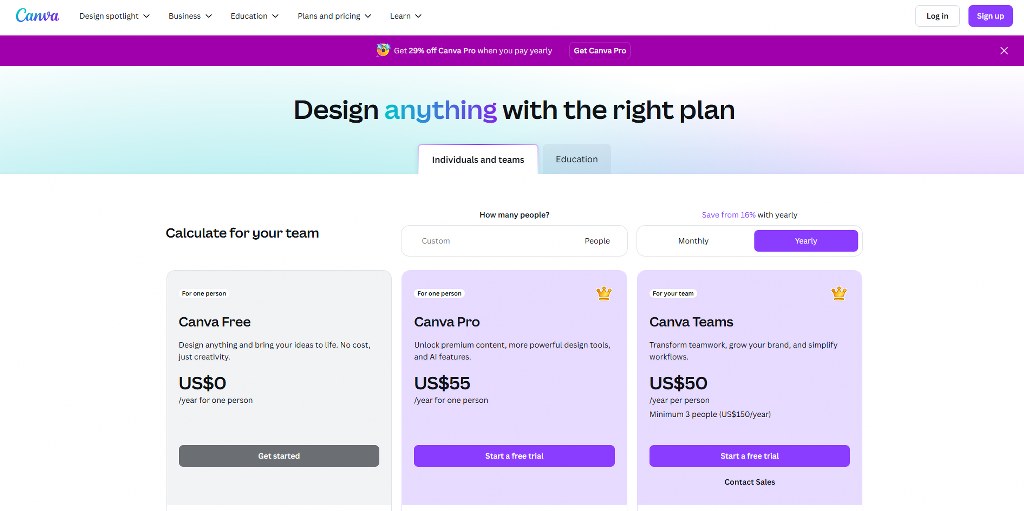 Canva pricing page.