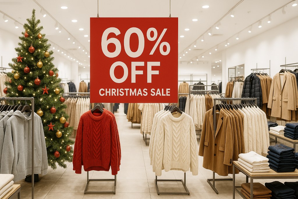 Christmas holiday discounts in a clothes store.
