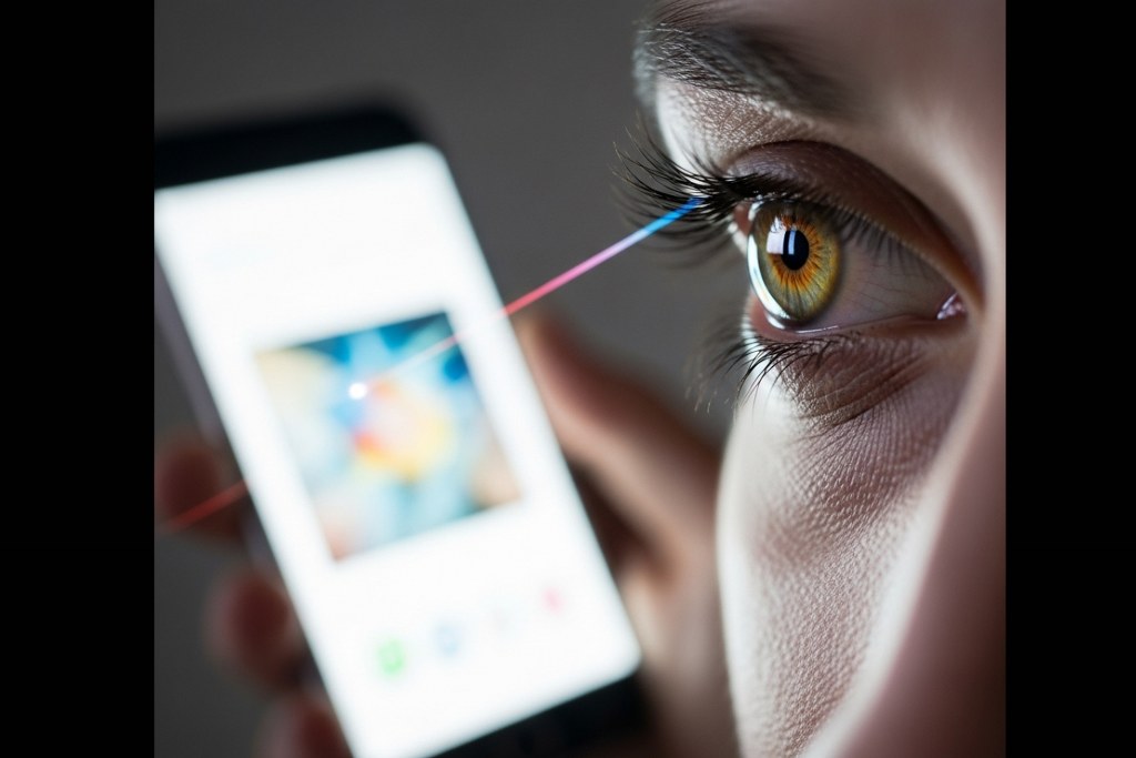 Close-up image of eye looking at phone.
