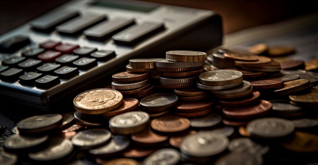 Coins and a calculator on a table.