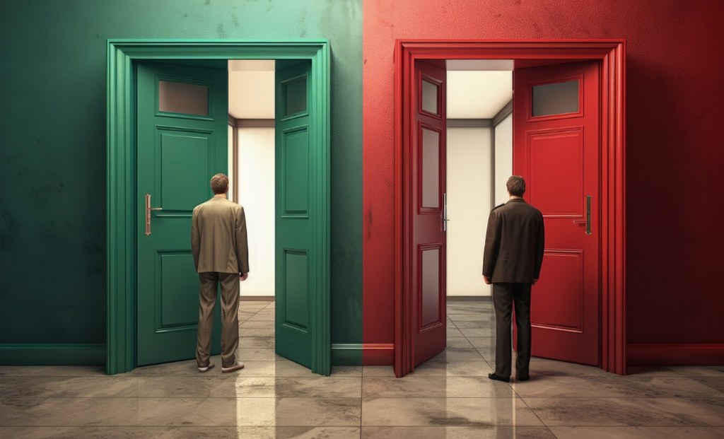 Concept of change and adaptability demonstrated by a person entering different doors.