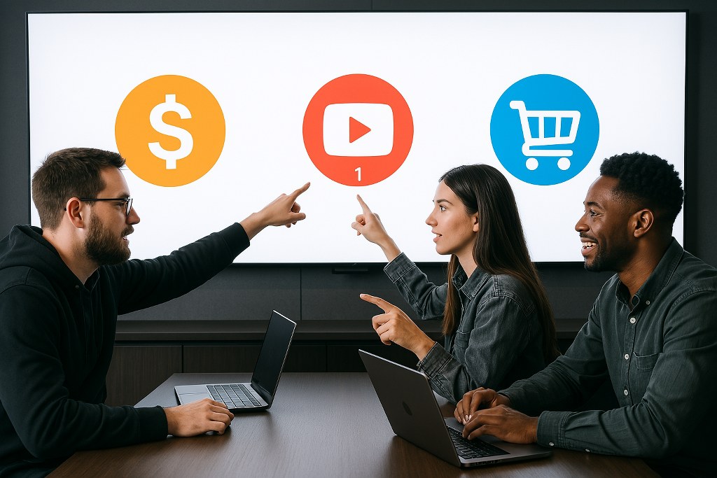 Creators pointing at the YouTube logo.