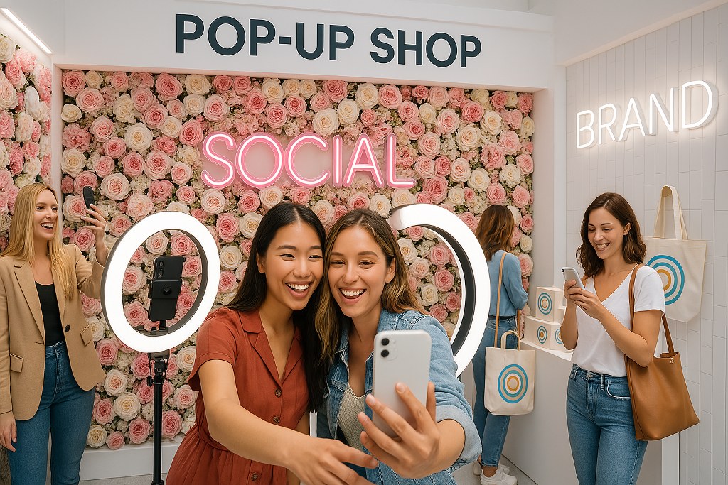 Customers posting on social media while in a pop-up shop.
