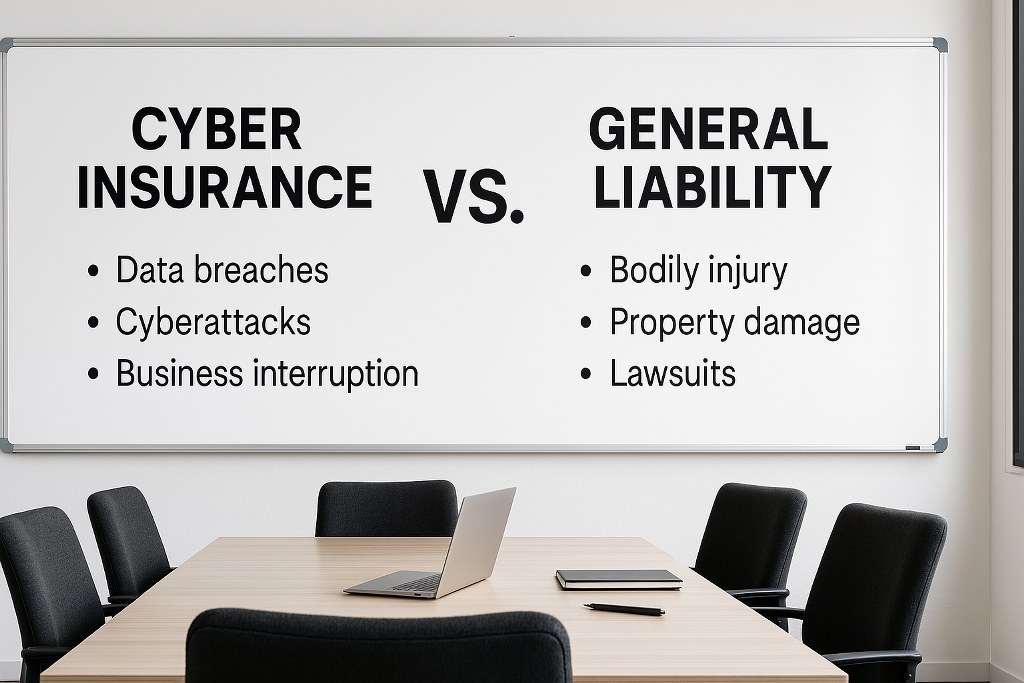 Cyber Insurance VS. General Liability talking points on a whiteboard in a meeting room. 
