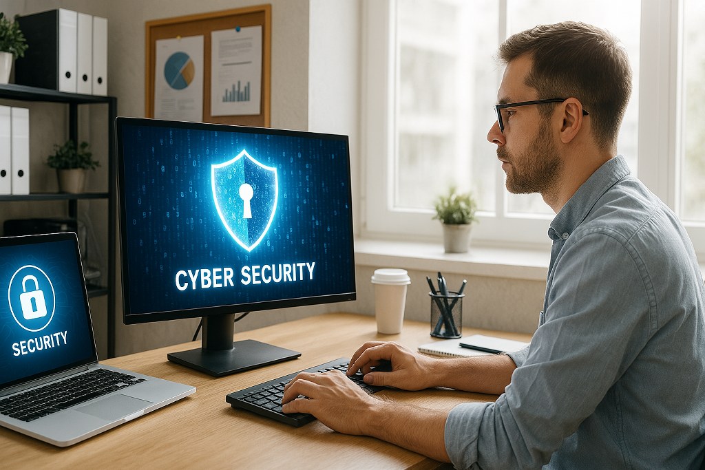 Cyber security text on two screens.