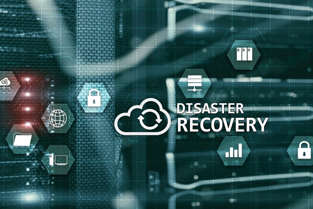Disaster recovery words with tech icons.