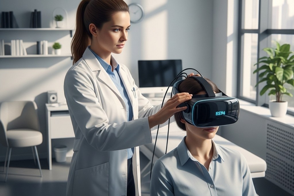 Doctor conducting virtual reality therapy.