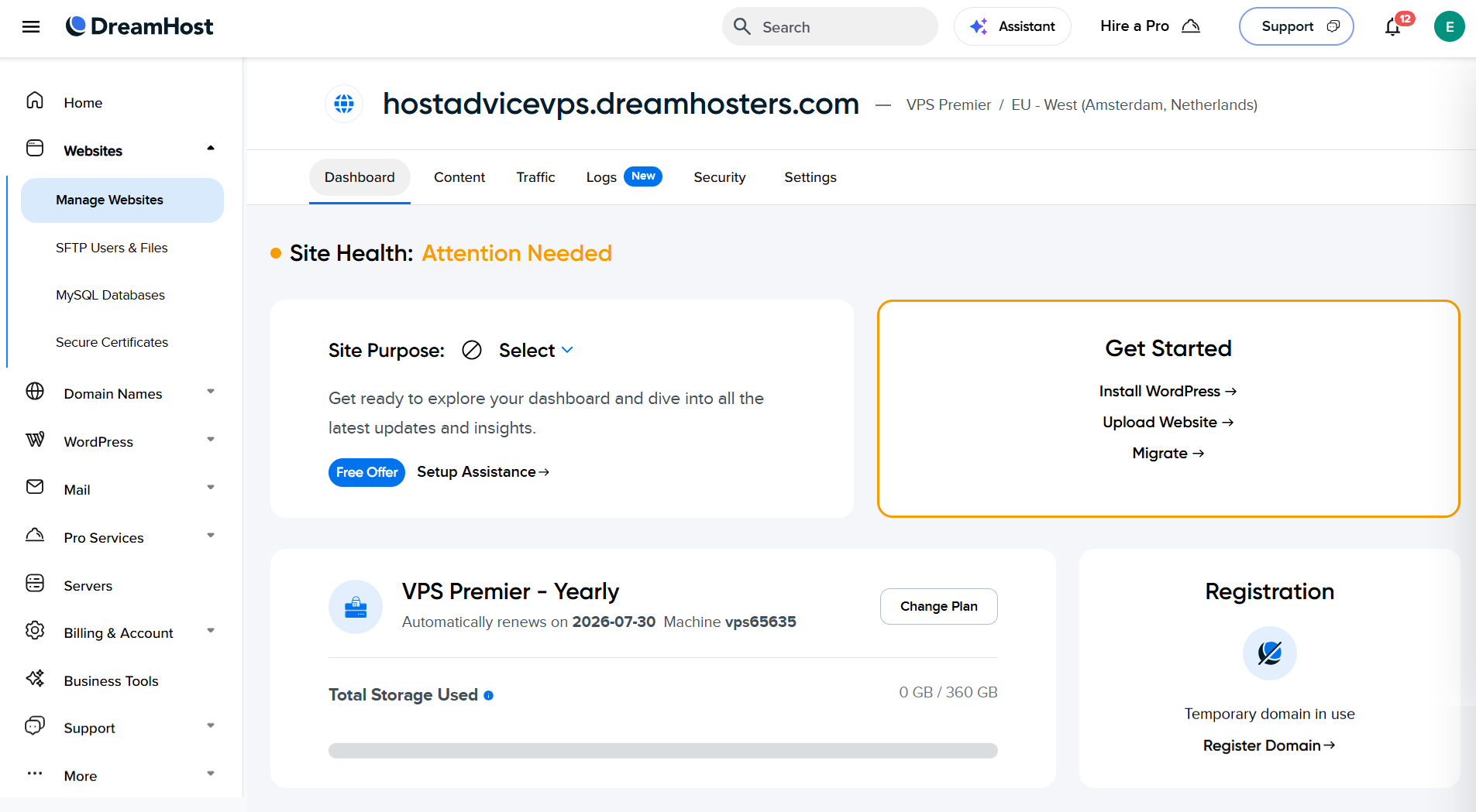 Manage Websites dashboard