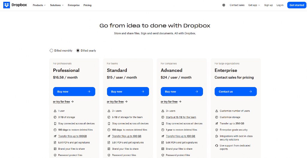 Dropbox pricing page.