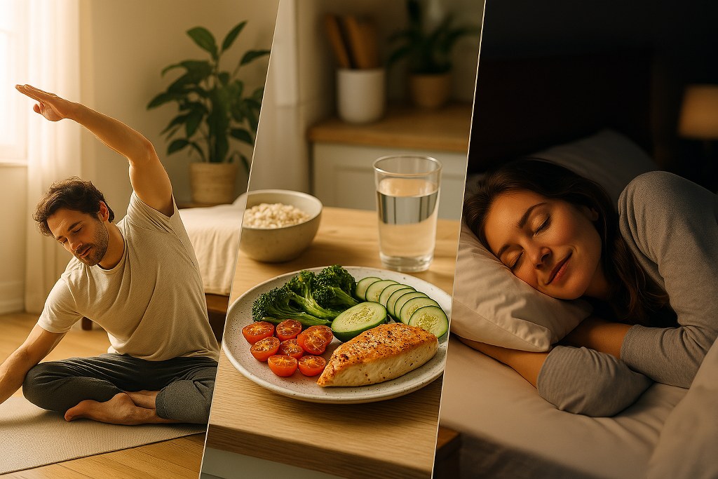 Exercising, eating healthy and getting enough sleep as ways of improving physical and mental health.