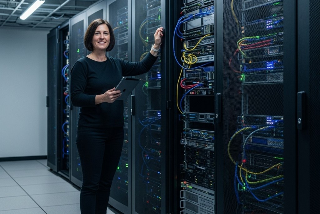 Female Software Engineer Standing Beside Server Racks.