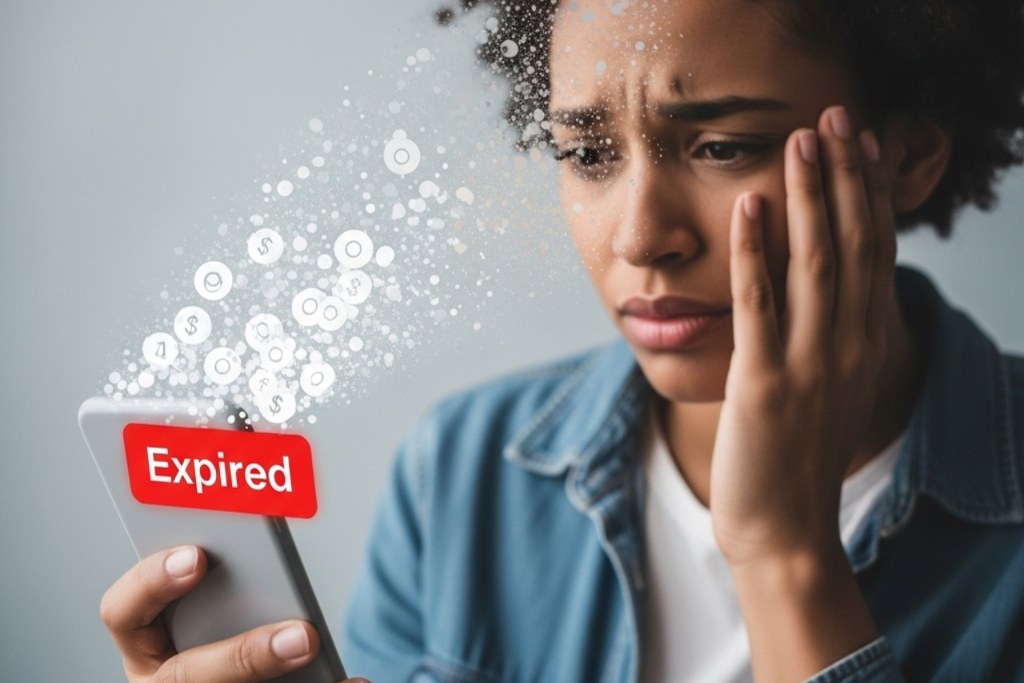 Female customer dismayed at expired rewards.
