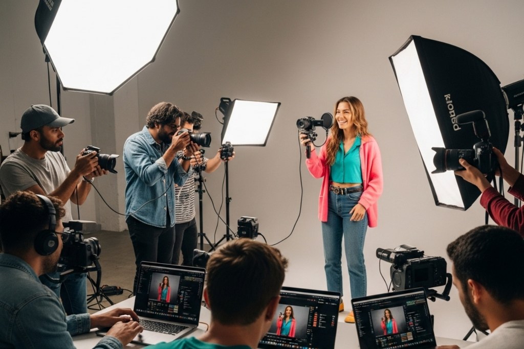 Female influencer recording her team.