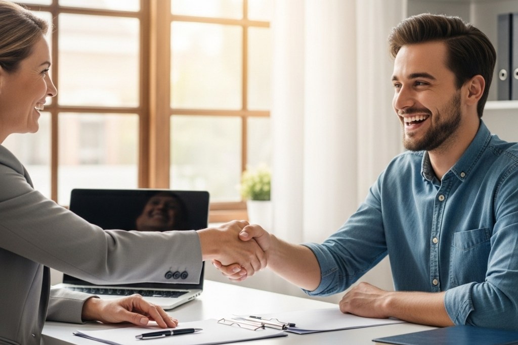 Female manager congratulates male applicant.