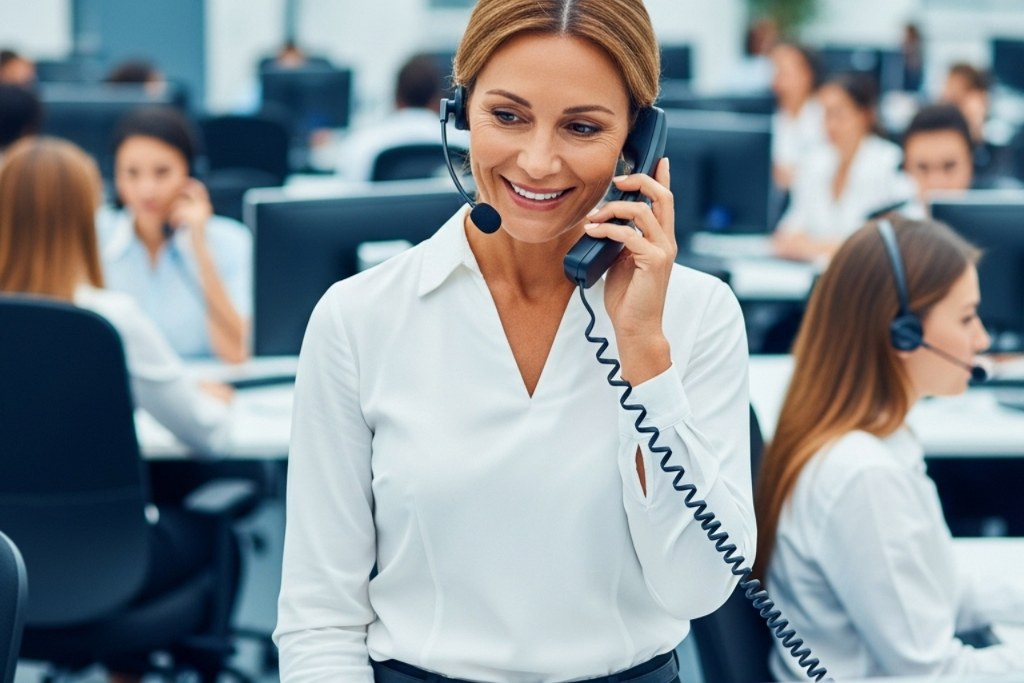Female support rep calling on phone while wearing headset.