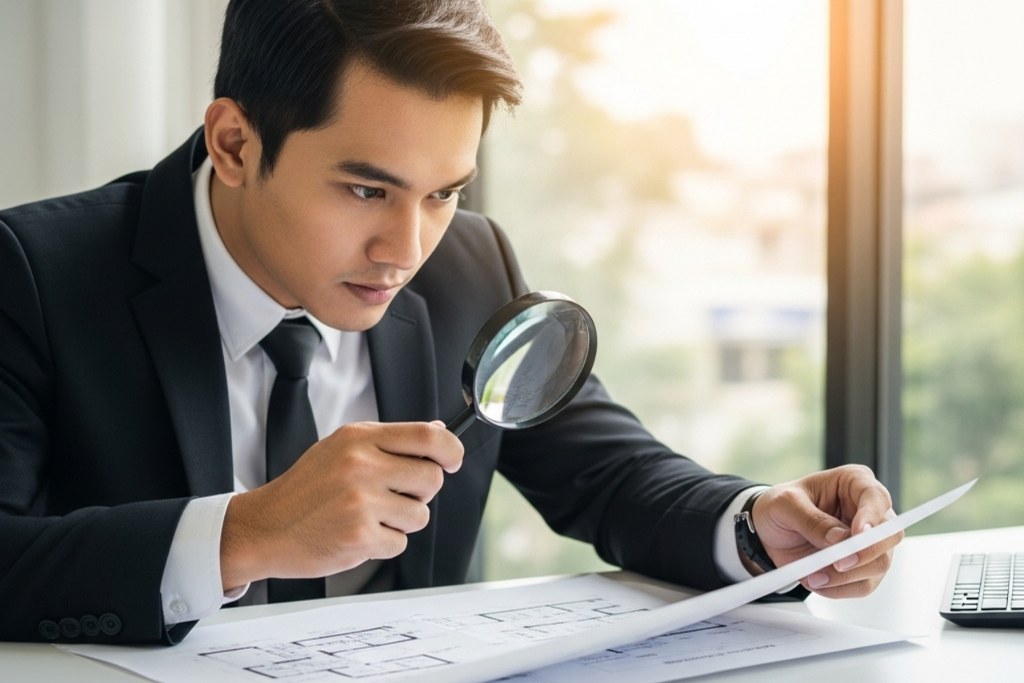 Focused business owner using a magnifying glass on blueprint to success.