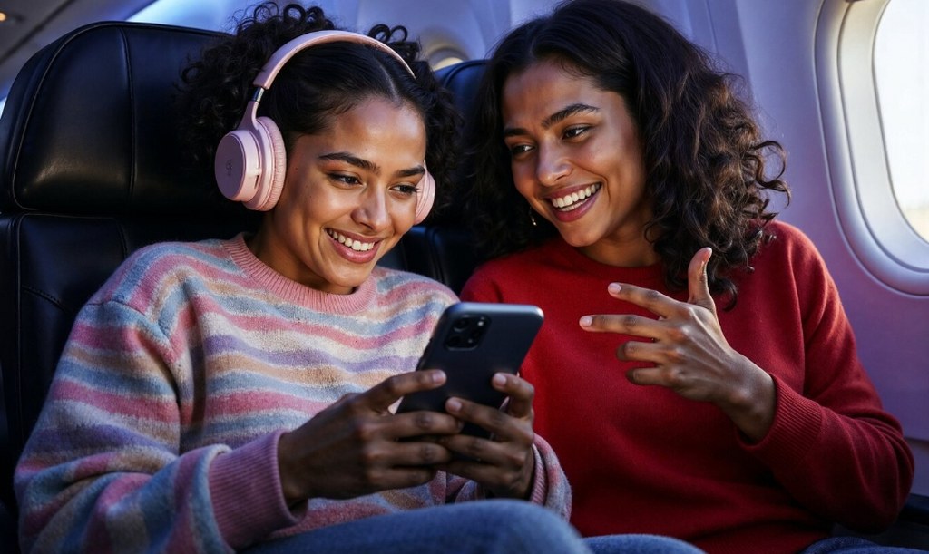 Friends watching something on a plane.