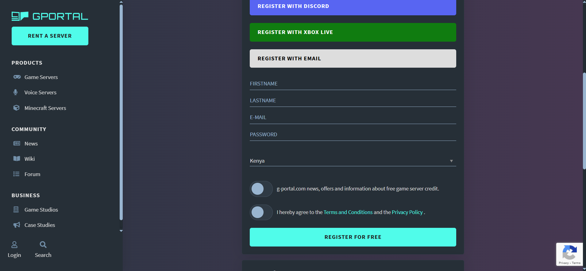 Registration form