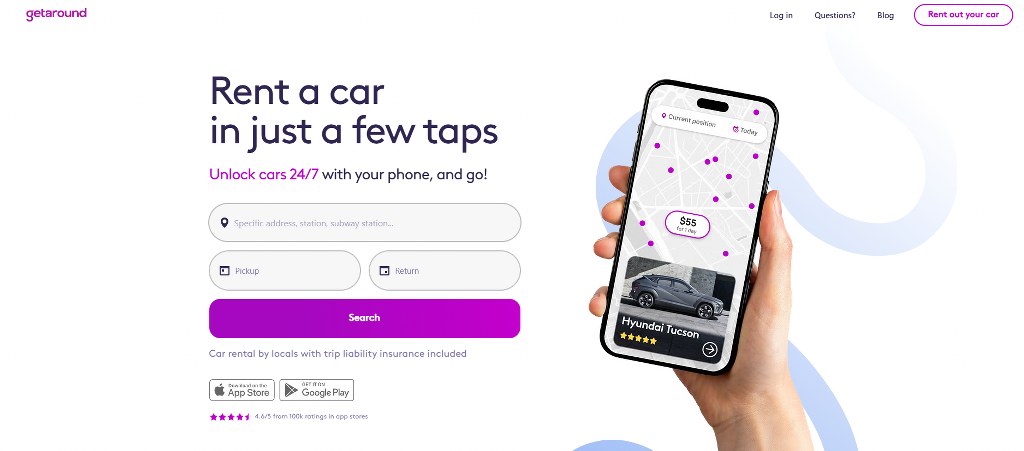 Getaround website homepage.