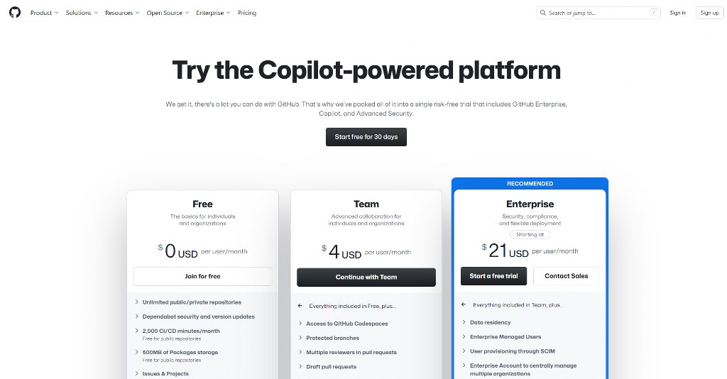 GitHub pricing page.