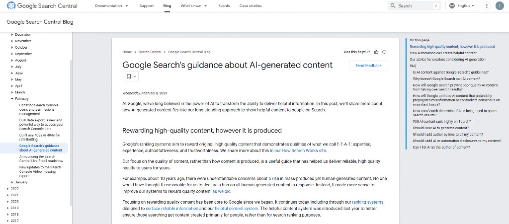 Google's article on AI content in search results.