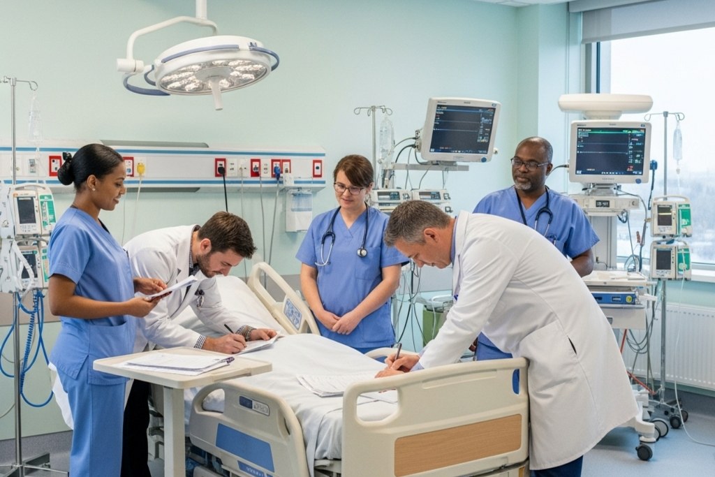 Group of doctors and nurses are collaboratively focused on patient care.