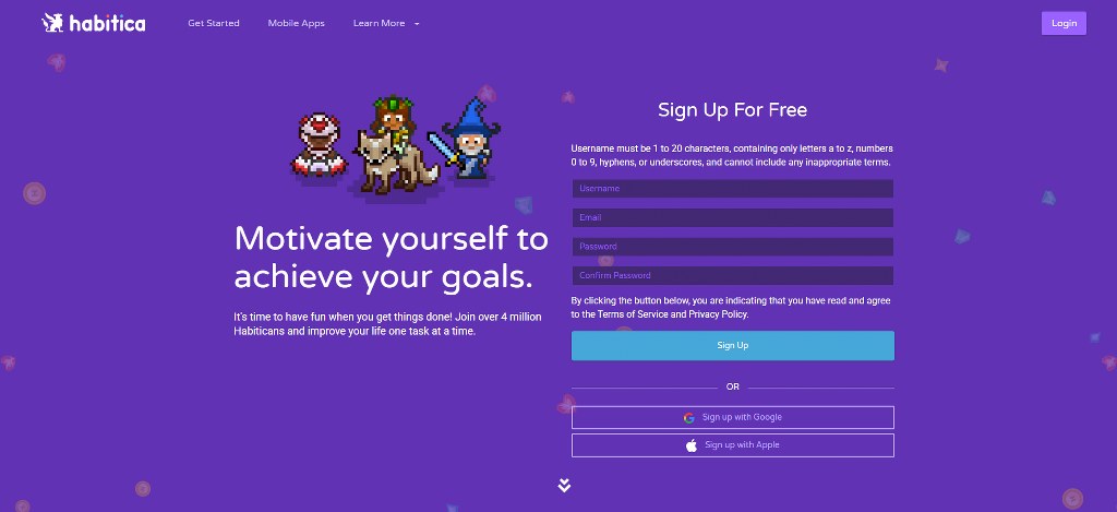 Habitica website homepage.