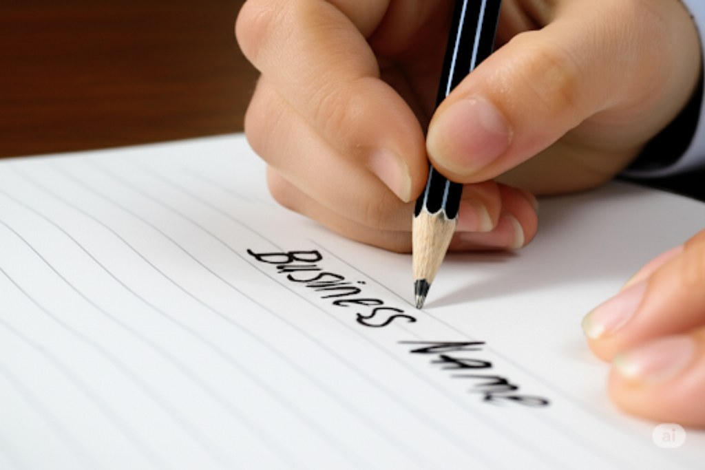 Hand writing word business name on paper.
