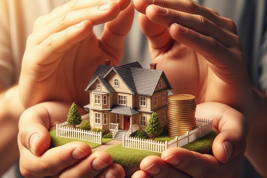 Hands covering homes and coins.