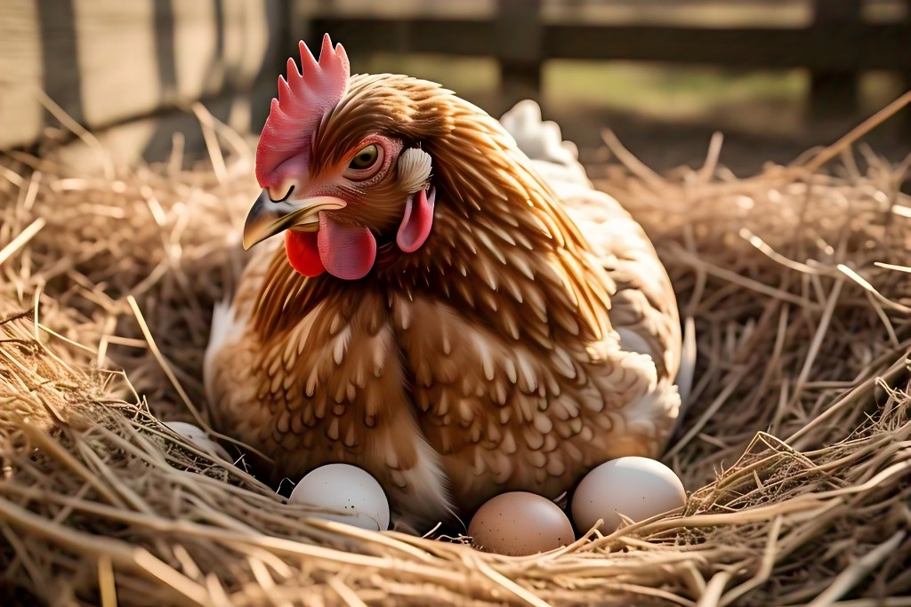 Hen Sitting on Eggs in a Nest.